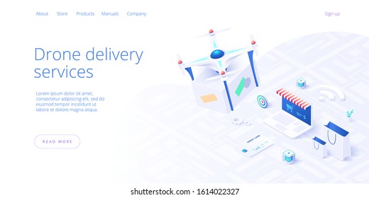 Drone delivery service concept in isometric vector illustration. Camera robot or quadrotor helicopter delivering box or parcel over cityscape. Web banner layout or background template.