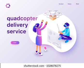 Drone delivery service concept with people controlling quadcopter via VR headset. Landing page template. 3d vector isometric illustration.