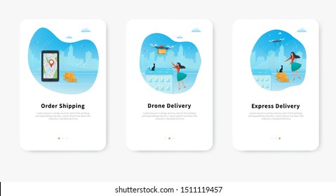 Drone delivery service concept, tracking a order using smartphone, young woman receiving parcel against city background. Express delivery onboarding screens template for mobile app and web site