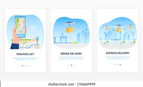 Drone Delivery Service Concept. Delivery tracking using a mobile application. Map for shipment tracking. Colorful template for mobile application, website or web design. Flat Vector Illustration