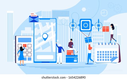 Drone delivery service concept vector. Multicopter is carrying box. Camera drone is flying, professional aerial video. Mini copter is delivering box. Air modern logistic system fast shipping