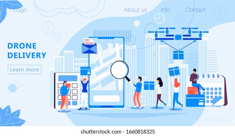Drone delivery service concept vector. Copter is carrying box. Camera drone is flying, professional aerial video. Mini copter is delivering box. Air modern logistic system fast shipping.