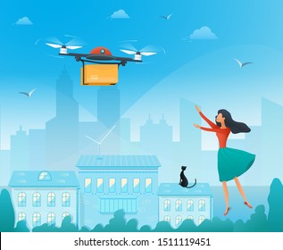Drone delivery service concept with young woman waiting for parcel from online store on city background. Flat illustration of express package delivery with quadcopter