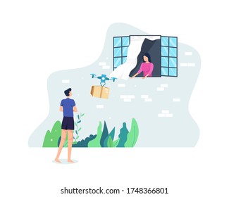Drone delivery service concept. Young man sends a package with a drone to the recipient's home. Courier distributing boxes using modern technology device. Vector illustration in a flat style