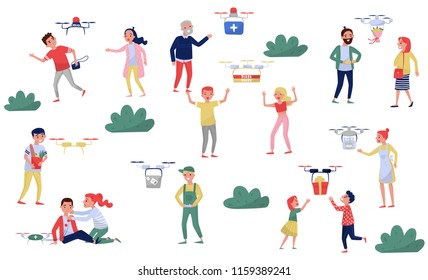 Drone delivery service, delivering ordered boxes to people, racking criminals vector Illustration on a white background