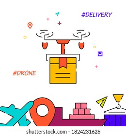 Icono de vector de línea de entrega de drones, ilustración simple, borde inferior de carga y transporte.