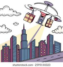 Drone delivery service flying above a modern city skyline