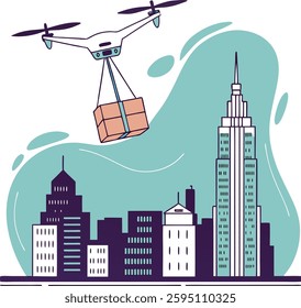 Drone delivery service flying above a modern city skyline