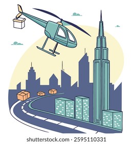 Drone delivery service flying above a modern city skyline