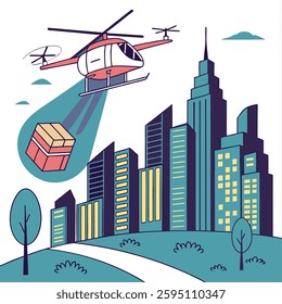 Drone delivery service flying above a modern city skyline