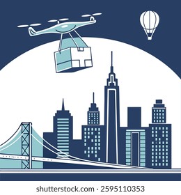 Drone delivery service flying above a modern city skyline