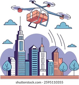 Drone delivery service flying above a modern city skyline