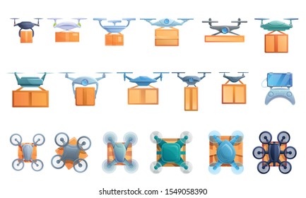 Drone delivery service icons set. Cartoon set of drone delivery service vector icons for web design