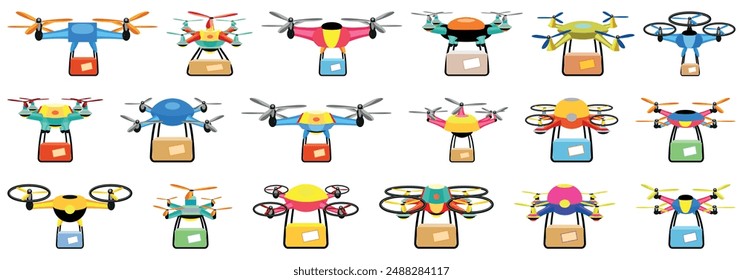 Drone delivery service icons set. Colorful set of delivery drones transporting packages, unmanned aerial vehicles for fast and efficient shipping