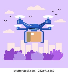 Drone Delivery Service Illustration with box, Urban Background and Modern Technology Concept.