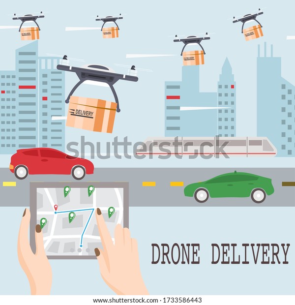 Drone delivery service and modern logistics\
transportation. Close-up holding hand of controlling the quadcopter\
with the remote to deliver the goods by air. Shipping of goods with\
modern technology.