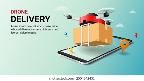 Drone delivery service on mobile. Tele transportation, Air logistics by drone, Online order tracking, Online shopping, Fast Digital online delivery concept. Webpage, Banner. 3D vector Illustration