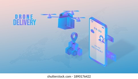 Drone Delivery Service, Online ordering on a mobile application Concept. Mobile Home and office delivery through remote logistics control signal, vector illustration