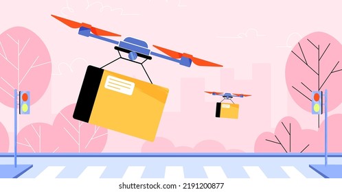 Drone delivery service, quadcopters shipping parcels to customers flying over city street. Futuristic logistics technology, aircraft mail or freight transportation, Line art flat vector illustration