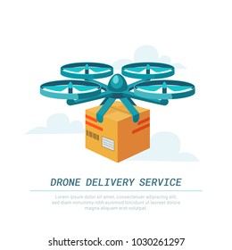 Drone delivery service. Remote air drone with parcel. Modern delivery of the package by flying quadcopter. Flat style concept. vector illustration