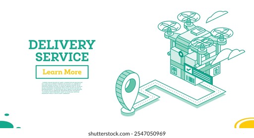 Drone delivery service technology. Vector illustration. Isometric outline concept. Quadcopter with parcel. Map pointer. Drone delivers goods. Express delivery.