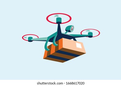 Ilustración vectorial del servicio de entrega de drones. Moderno cuádruple vuelo con diseño plano de caja de cartón. Transporte rápido y conveniente. Tecnología logística más reciente