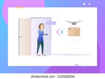 Drone delivery service. Woman in home getting post package from delivery drone. Conceptual Modern and Trendy colorful vector illustration for landing page. Web template.