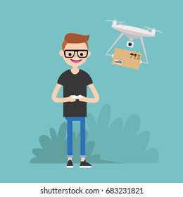 Drone delivery service. Young character controlling a drone with a remote controller / flat editable vector illustration, clip art