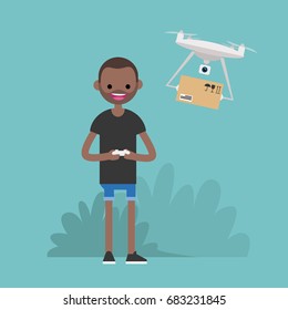 Drone delivery service. Young character controlling a drone with a remote controller / flat editable vector illustration, clip art