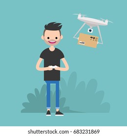 Drone delivery service. Young character controlling a drone with a remote controller / flat editable vector illustration, clip art