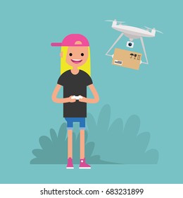 Drone delivery service. Young female character controlling a drone with a remote controller / flat editable vector illustration, clip art