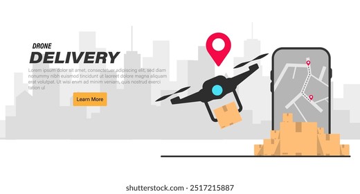 Drone delivery service.Delivery drone with the cardboard box flying over the town. Quadcopter carrying a package to customer.Technological shipment innovation. 