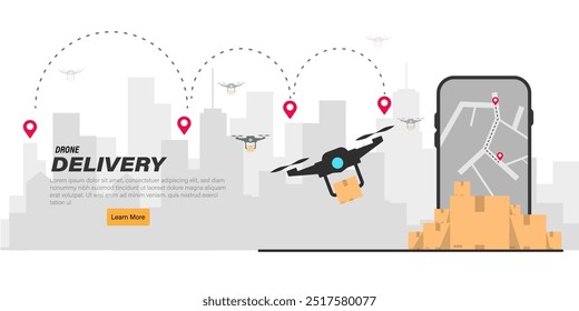 Drone delivery service.Delivery drone with the cardboard box flying over the town. Quadcopter carrying a package to customer.Technological shipment innovation.