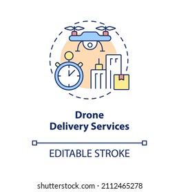 Symbol für Drohnenzustellung Versand Technologie abstrakte Idee dünne Linie Illustration. Einzeln Umrisszeichnung. Bearbeitbarer Strich. Verwendung von Roboter-Medium, Myriad Pro-Fett-Schriftarten