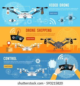 Drone for delivery, shadowing and entertainments modern technologies. Drone flat banner, modern drone and remote control for the quadrocopter,  carrying cardboard box 