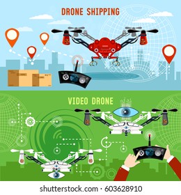 Drone for delivery, shadowing and entertainments modern technologies. Drone flat banner, modern drone and remote control for the quadrocopter,  carrying cardboard box 