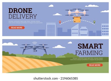 Drone delivery and smart farming web banners set, flat vector illustration. Drone flying over the city and holding post package. Drone flies over the filed and helps with farming and agriculture.