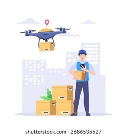 Entrega de drones, concepto de logística inteligente. El gerente controla los paquetes de cartón entregados por helicópteros, robots Aéreas. 