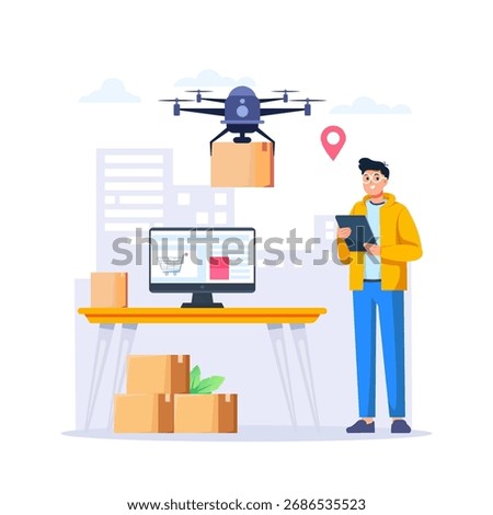 Drone delivery, smart logistics concept. Manager controls cardboard packages delivered by copters, aerial robots. 