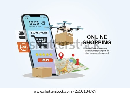 Drone delivery speed service maps online mobile smart phone device app robot remote control air logistics cargo drone amazon fast post online ideas concept Webpage design 3D vector pack
