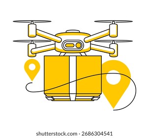 Drohnen-Zufuhrtechnologie. Die fliegende Drohne trägt ein Paket mit Positionsmarkierungen. Innovative Transport-, schnelle Logistik-, moderne Versand- und futuristische Verteilungslösung