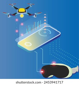 drone delivery technology online service vector illustration. a modern gadget controls a quadcopter through a mobile application. Innovative technology supply concept. Autonomous logistics