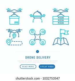 Drone delivery thin line icons set: quadcopter, flying drone with package, remote control, front and side view. Modern vector illustration of innovative transport for banner, print media.
