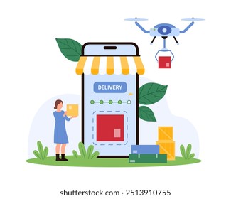 Entrega de drones, serviço de rastreamento de remessas de pacotes via aplicativo móvel. Mulher minúscula verificando a linha do tempo de entrega na tela do smartphone, drone voador entregando caixa para ilustração de vetor de desenhos animados do cliente