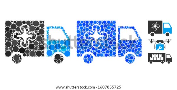 Drone delivery van composition\
of filled circles in variable sizes and shades, based on drone\
delivery van icon. Vector filled circles are united into blue\
collage.