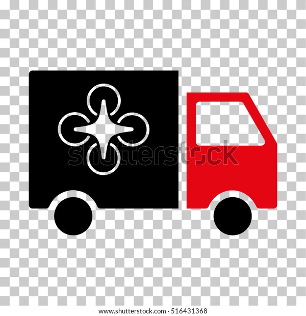 Drone Delivery Van EPS vector icon.\
Illustration style is flat iconic bicolor intensive red and black\
symbol on chess transparent\
background.