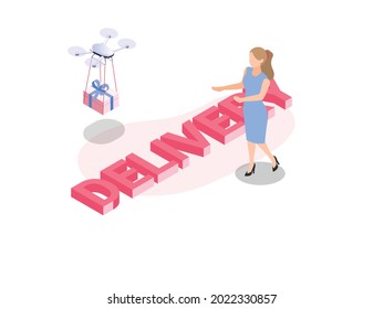 Drone delivery vector concept. Drone delivering package to a female customer