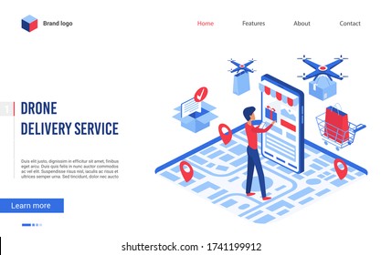 Drone delivery vector illustration. Cartoon isometric man character using phone app for ordering, fast shipping box package by air. 3d interface website design for business logistic delivering service