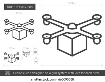 Icono de línea vectorial de entrega de drones aislado en fondo blanco. Icono de línea de entrega de drones para infografía, sitio web o aplicación. Icono escalable diseñado en un sistema de cuadrícula.