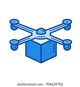 Drone delivery vector line icon isolated on white background. Drone delivery line icon for infographic, website or app. Blue icon designed on a grid system.